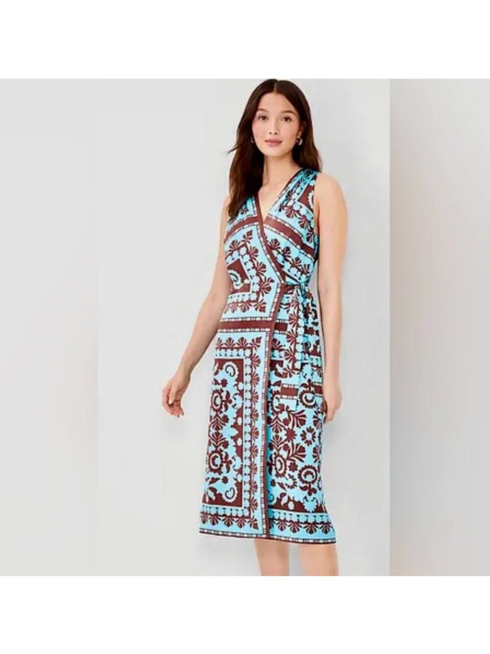 Ann Taylor Aqua & Brown Scarf Motif Print Wrap Midi Dress Size 10